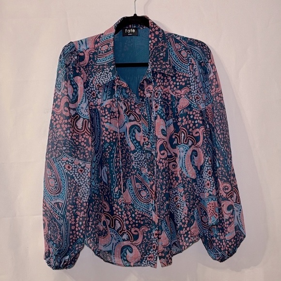 Fate Tops - Fate Blue and Orange Graphic Blouse with Notched Collar